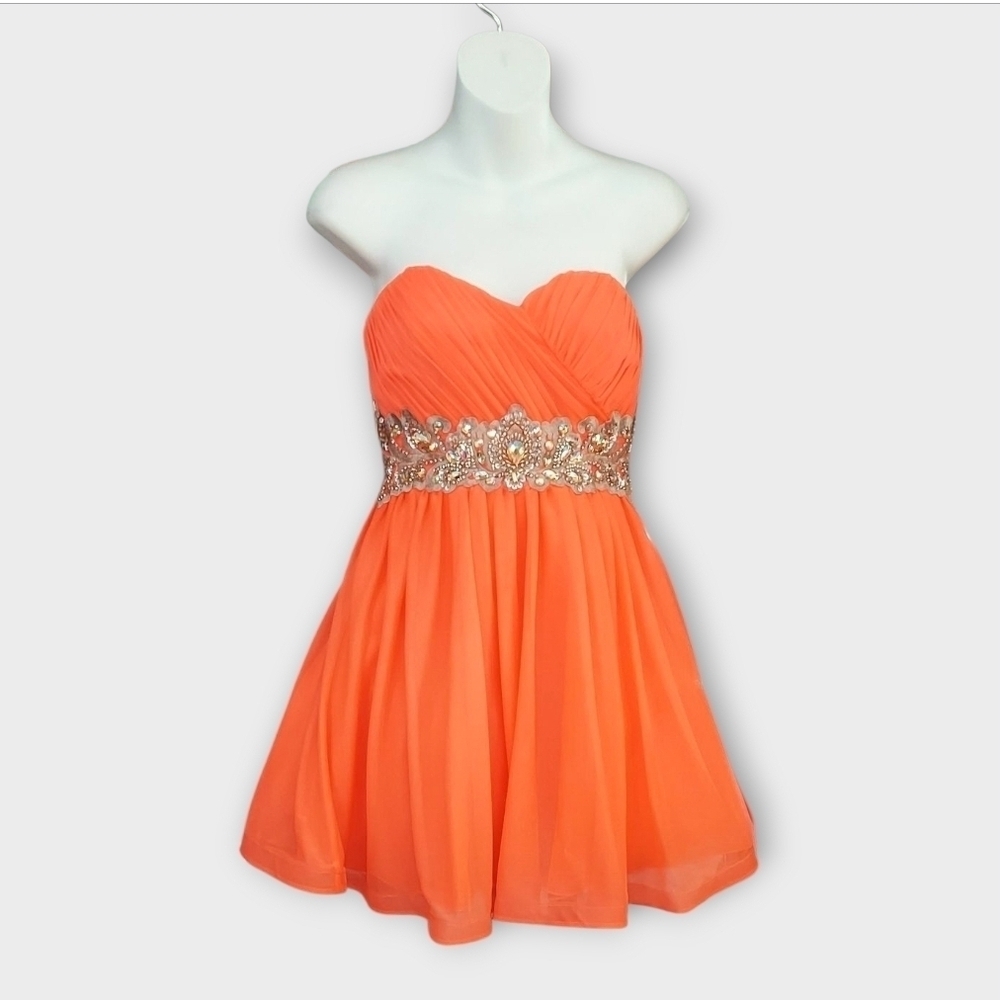NWT My Michelle Vibrant Coral Strapless Embellished Full Layered Dress ~size 5 - Picture 2 of 9